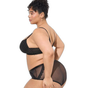 size 6x 30 dot Mesh Mid Rise Cheeky Panty Corydalis Black with Blue dots.